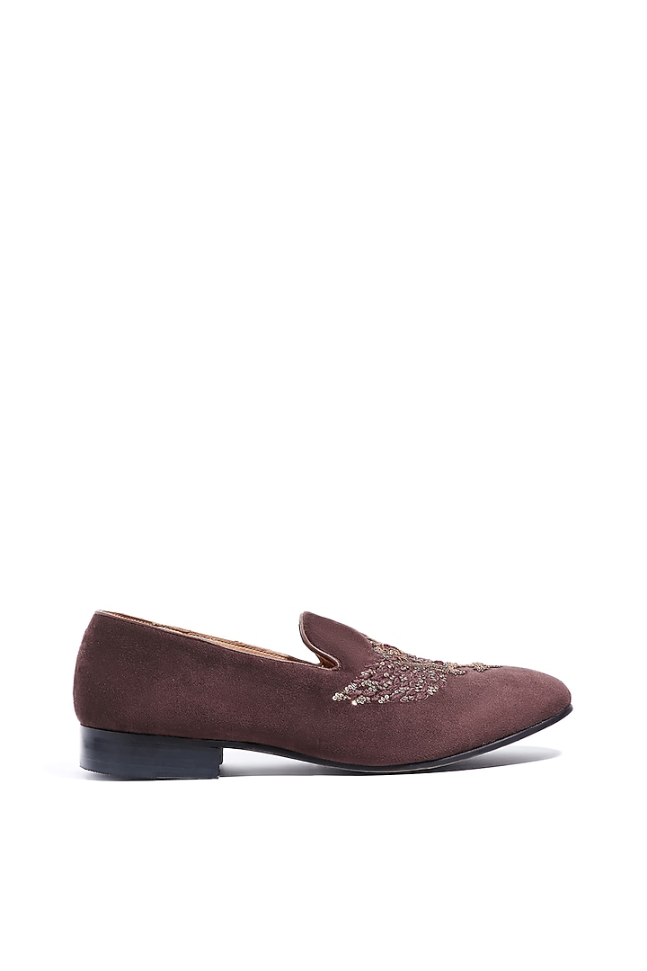Chocolate Brown Velvet Cutdana Embroidered Loafers by ASUKA at Pernia's Pop Up Shop