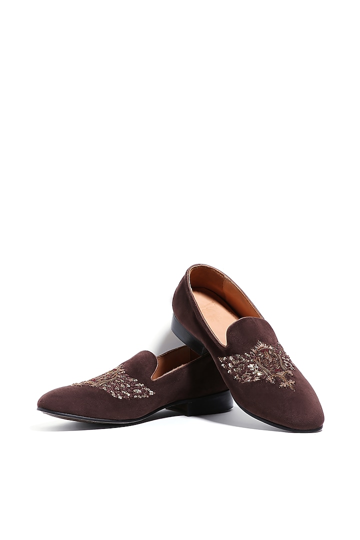 Chocolate Brown Velvet Cutdana Embroidered Loafers by ASUKA at Pernia's Pop Up Shop