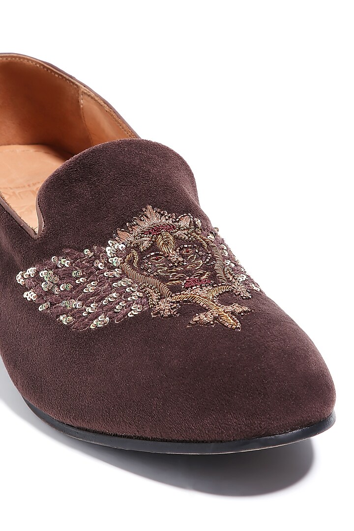 Chocolate Brown Velvet Cutdana Embroidered Loafers by ASUKA at Pernia's Pop Up Shop