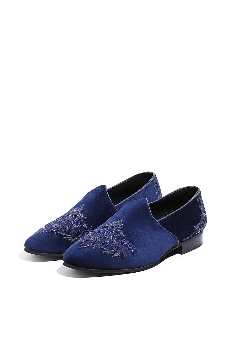 Indigo Blue Velvet Moti & Cutdana Embellished Mojris by ASUKA