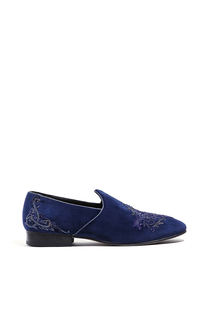 Indigo Blue Velvet Moti & Cutdana Embellished Mojris by ASUKA at Pernia's Pop Up Shop