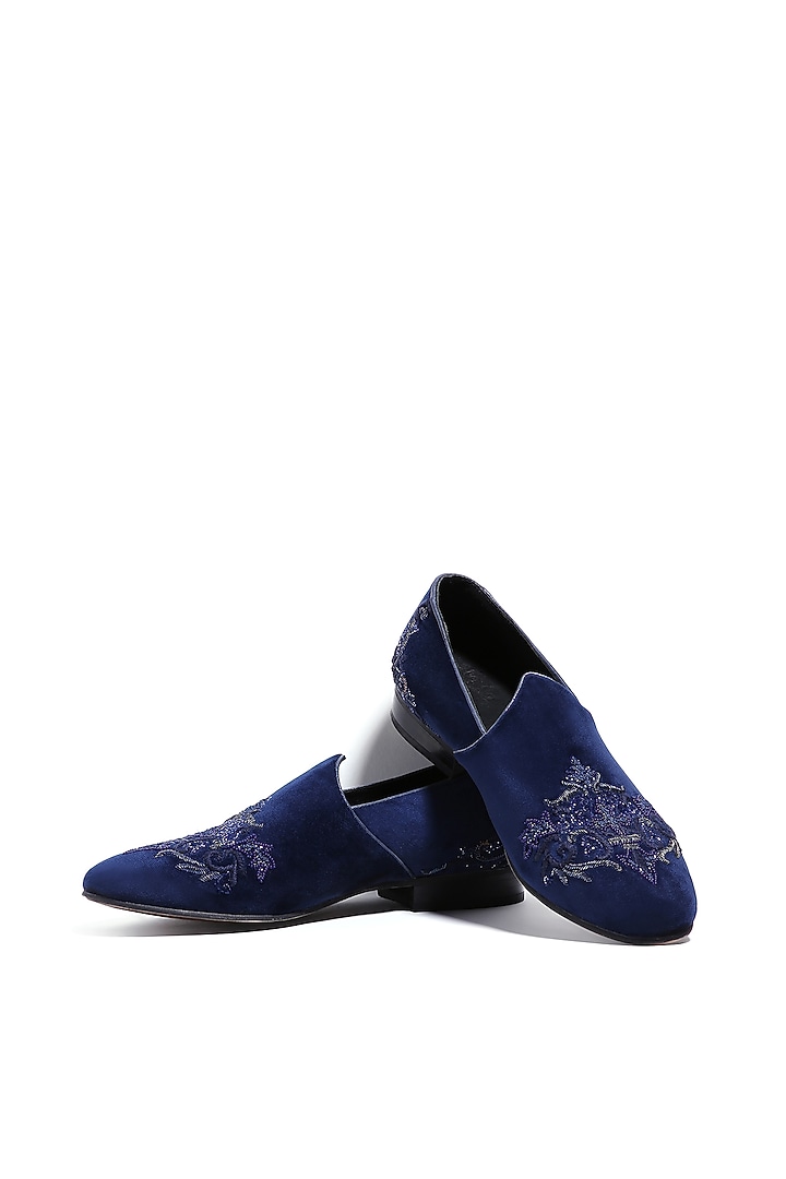 Indigo Blue Velvet Moti & Cutdana Embellished Mojris by ASUKA at Pernia's Pop Up Shop