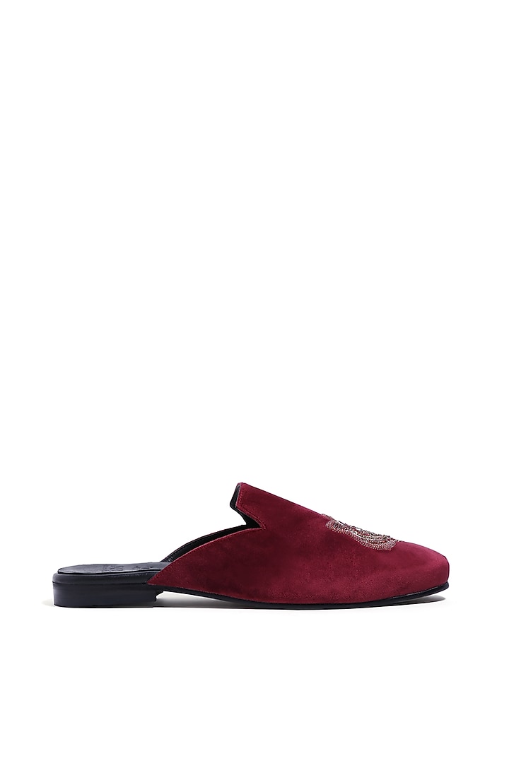 Wine Velvet Dabka & Moti Embellished Mules by ASUKA at Pernia's Pop Up Shop