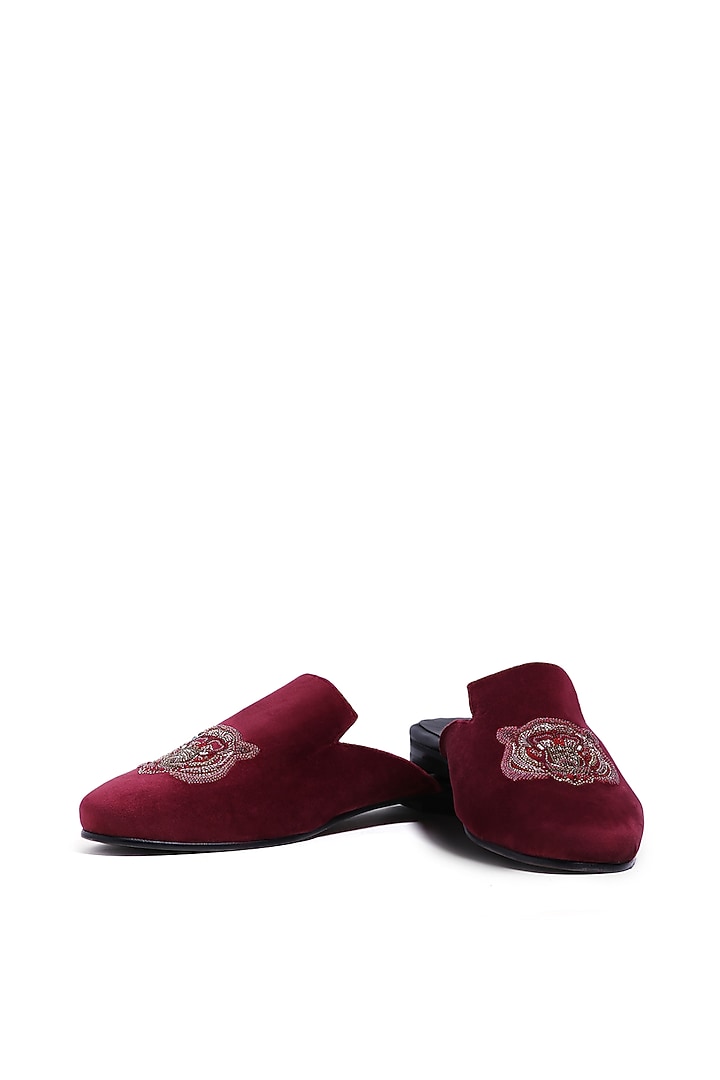 Wine Velvet Dabka & Moti Embellished Mules by ASUKA at Pernia's Pop Up Shop