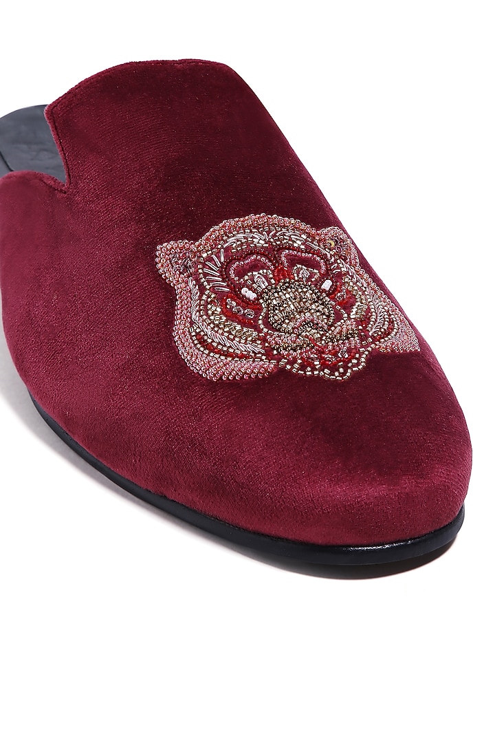 Wine Velvet Dabka & Moti Embellished Mules by ASUKA at Pernia's Pop Up Shop