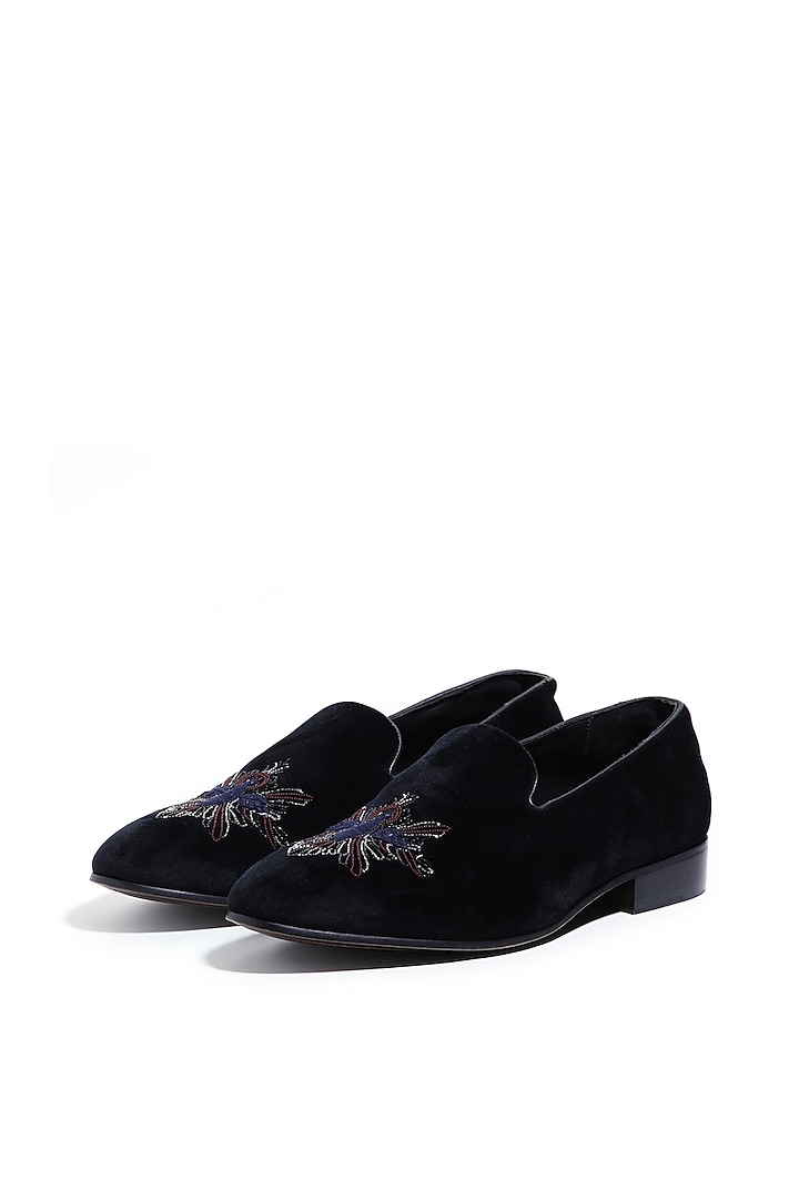 Black Velvet Cutdana & Moti Embellished Slip-On Shoes by ASUKA