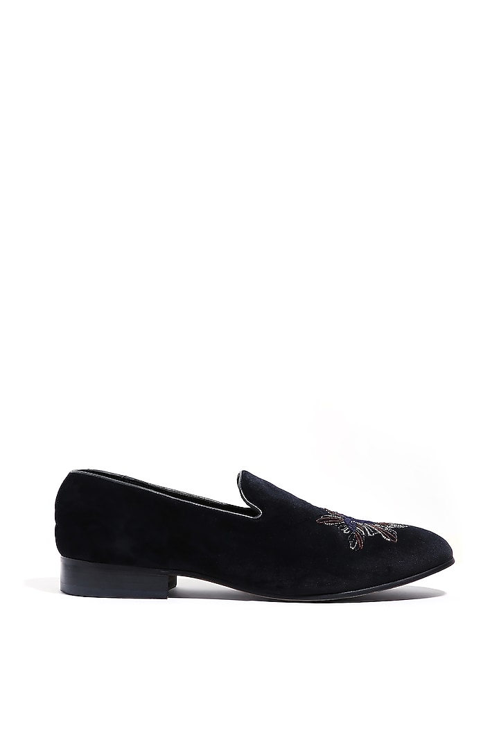 Black Velvet Cutdana & Moti Embellished Slip-On Shoes by ASUKA at Pernia's Pop Up Shop