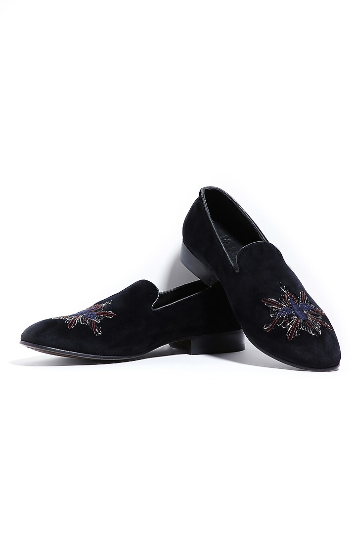 Black Velvet Cutdana & Moti Embellished Slip-On Shoes by ASUKA at Pernia's Pop Up Shop