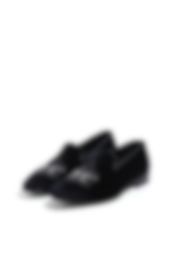 Black Velvet Cutdana & Moti Embroidered Slip-On Shoes by ASUKA at Pernia's Pop Up Shop