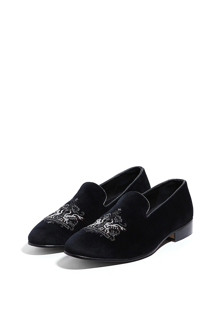 Black Velvet Cutdana & Moti Embroidered Slip-On Shoes by ASUKA at Pernia's Pop Up Shop