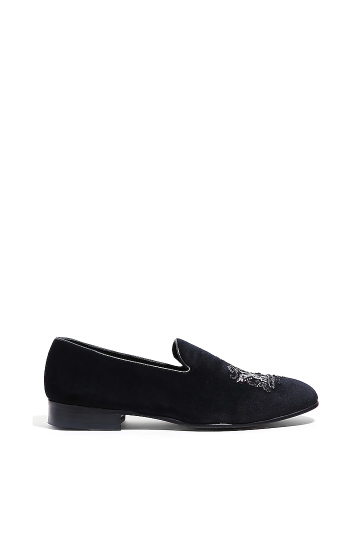 Black Velvet Cutdana & Moti Embroidered Slip-On Shoes by ASUKA at Pernia's Pop Up Shop