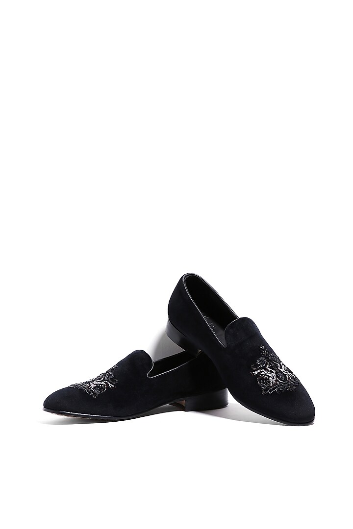 Black Velvet Cutdana & Moti Embroidered Slip-On Shoes by ASUKA at Pernia's Pop Up Shop