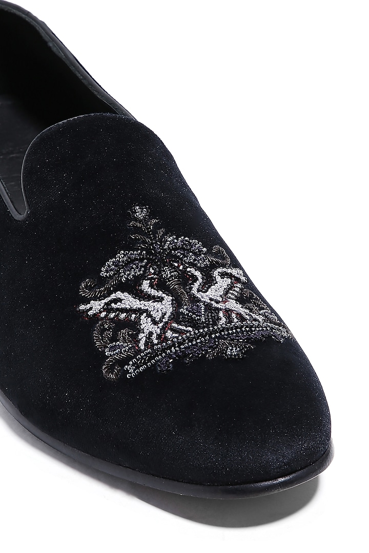 Black Velvet Cutdana & Moti Embroidered Slip-On Shoes by ASUKA at Pernia's Pop Up Shop