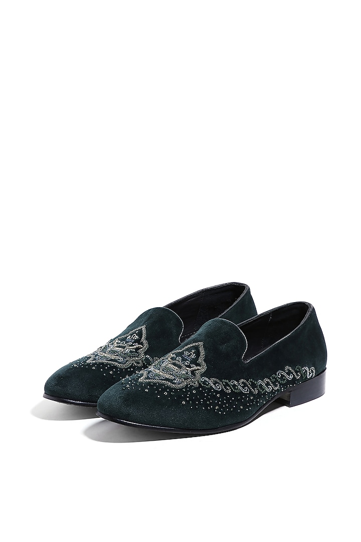 Emerald Green Velvet Dabka & Moti Embroidered Slip-On Shoes by ASUKA at Pernia's Pop Up Shop