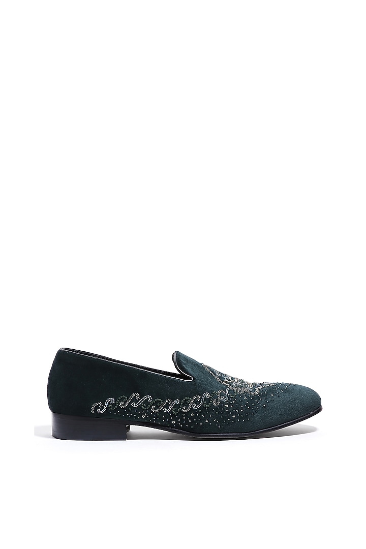 Emerald Green Velvet Dabka & Moti Embroidered Slip-On Shoes by ASUKA at Pernia's Pop Up Shop