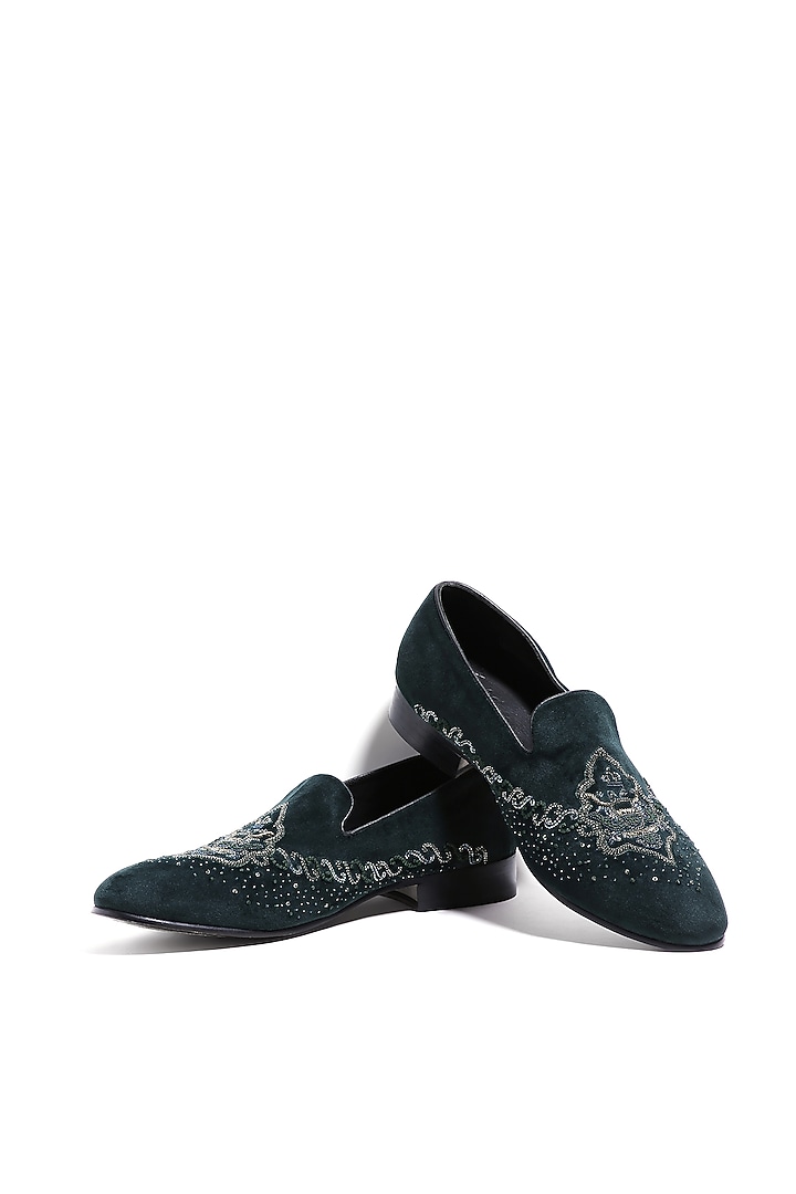 Emerald Green Velvet Dabka & Moti Embroidered Slip-On Shoes by ASUKA at Pernia's Pop Up Shop