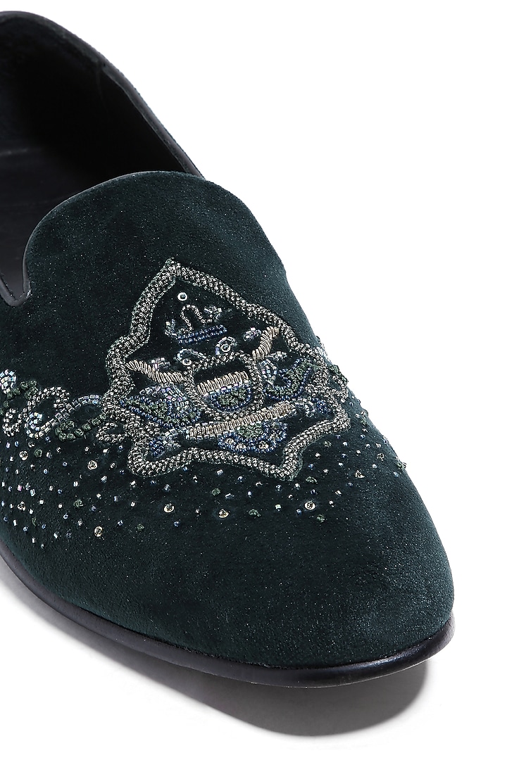 Emerald Green Velvet Dabka & Moti Embroidered Slip-On Shoes by ASUKA at Pernia's Pop Up Shop