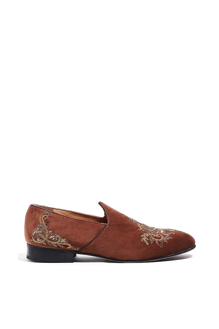 Tan Velvet Dabka & Cutdana Embroidered Mojris by ASUKA at Pernia's Pop Up Shop