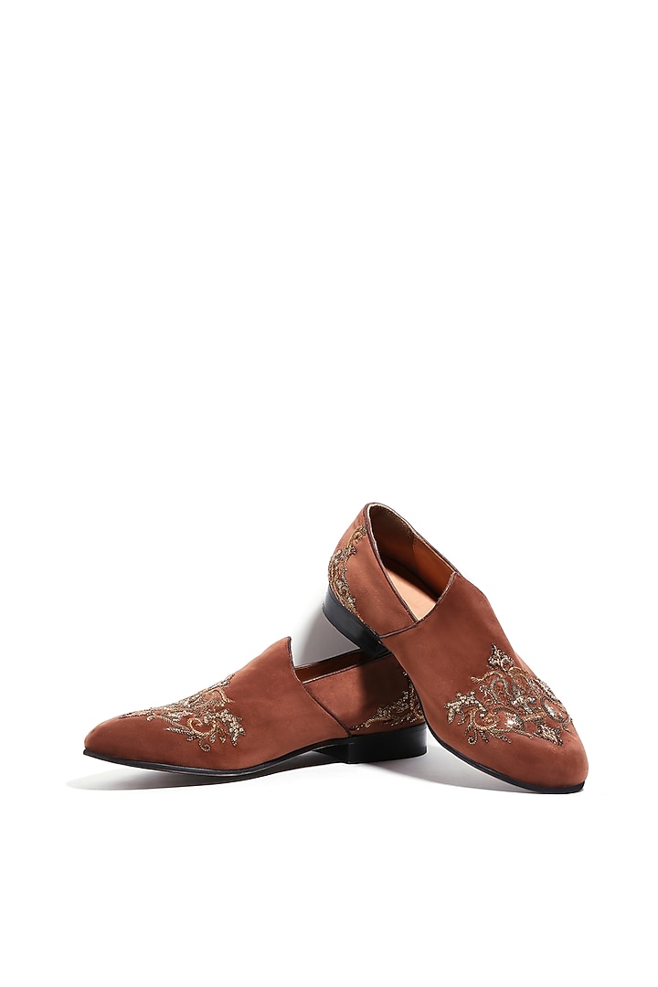 Tan Velvet Dabka & Cutdana Embroidered Mojris by ASUKA at Pernia's Pop Up Shop