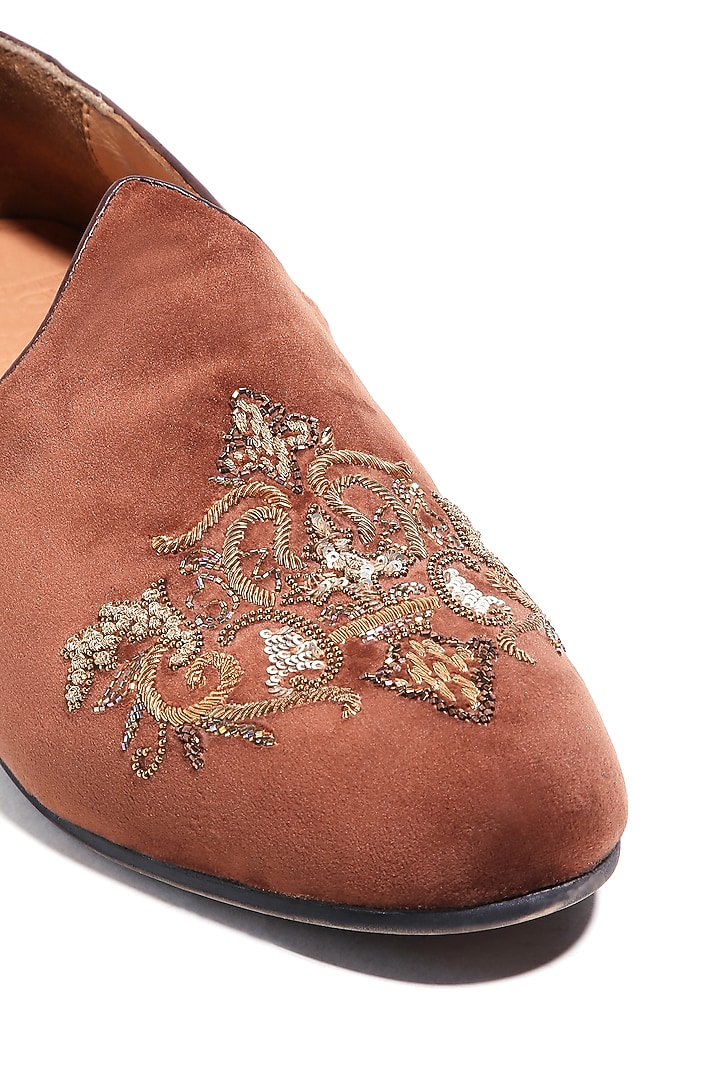 Tan Velvet Dabka & Cutdana Embroidered Mojris by ASUKA at Pernia's Pop Up Shop