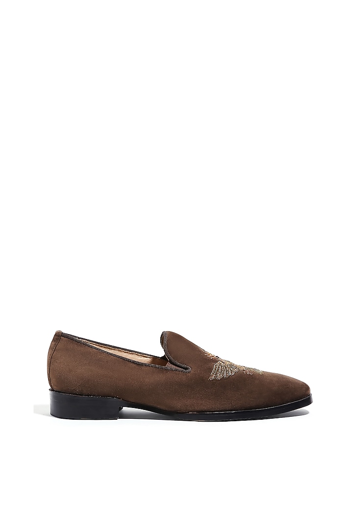 Tan Velvet Dabka & Moti Embellished Slip-On Shoes by ASUKA at Pernia's Pop Up Shop