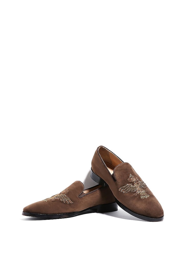 Tan Velvet Dabka & Moti Embellished Slip-On Shoes by ASUKA at Pernia's Pop Up Shop