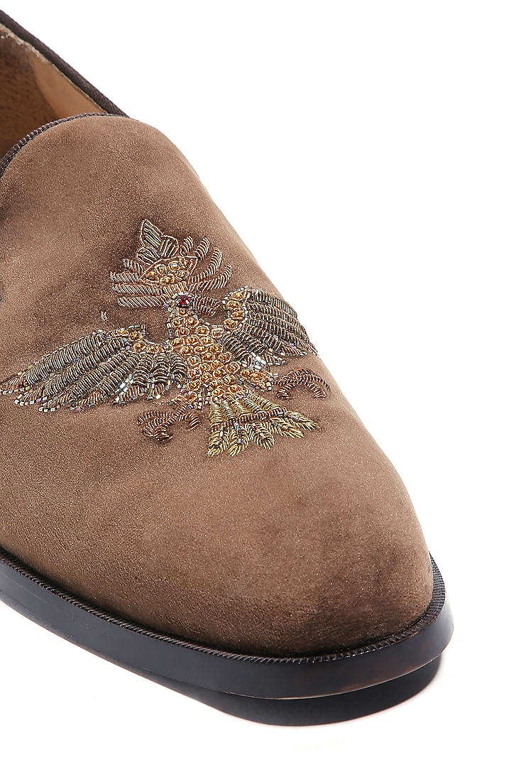 Tan Velvet Dabka & Moti Embellished Slip-On Shoes by ASUKA at Pernia's Pop Up Shop