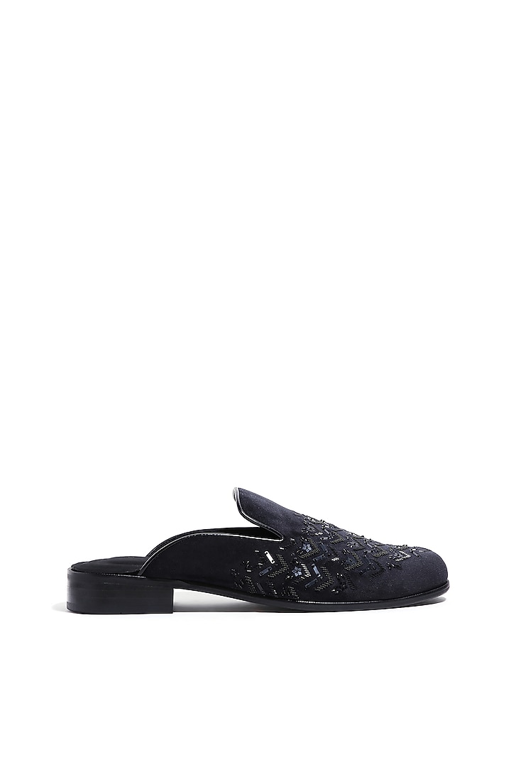 Deep Black Velvet Cutdana & Moti Hand Embroidered Mules by ASUKA at Pernia's Pop Up Shop