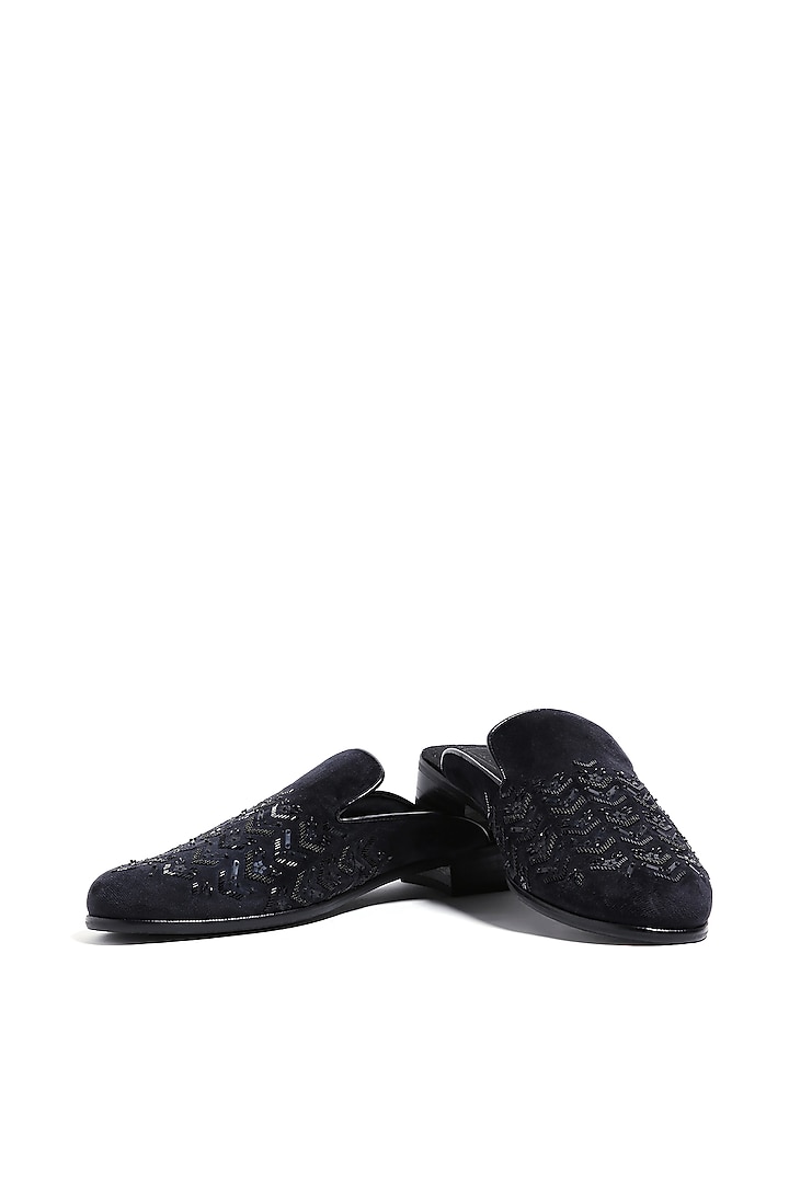 Deep Black Velvet Cutdana & Moti Hand Embroidered Mules by ASUKA at Pernia's Pop Up Shop