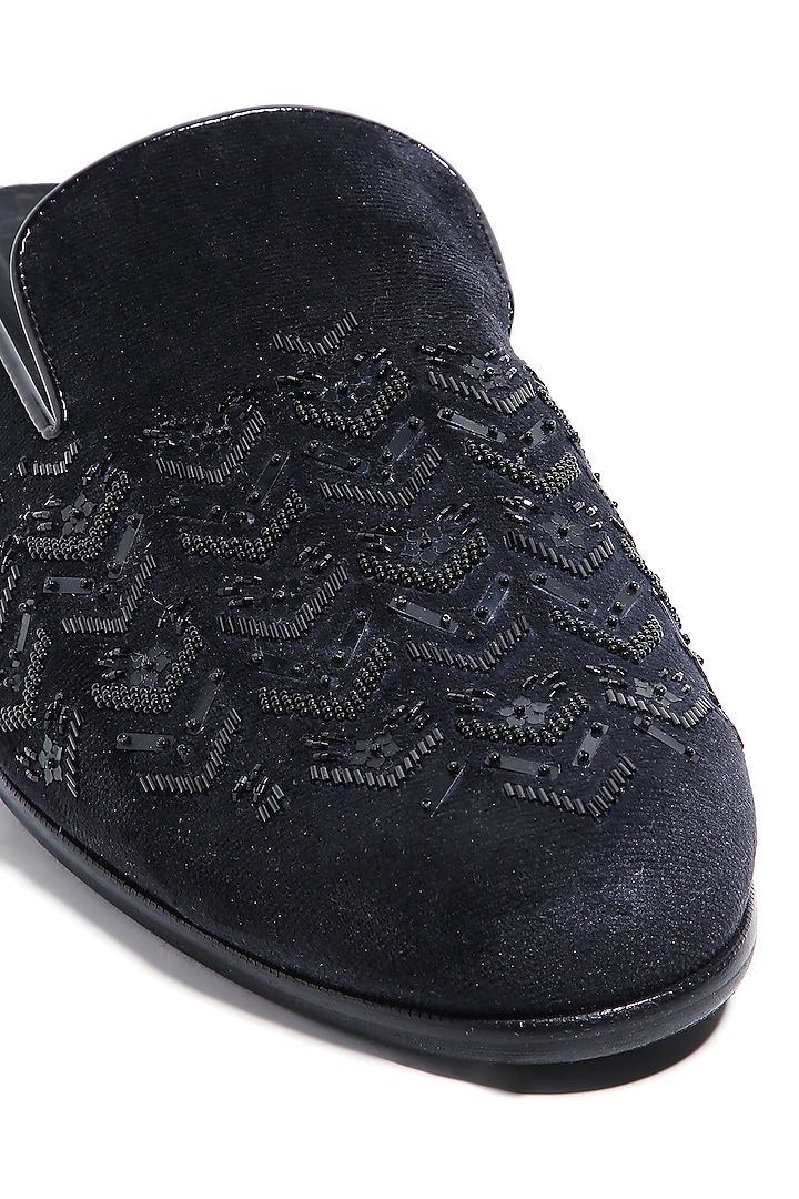 Deep Black Velvet Cutdana & Moti Hand Embroidered Mules by ASUKA at Pernia's Pop Up Shop