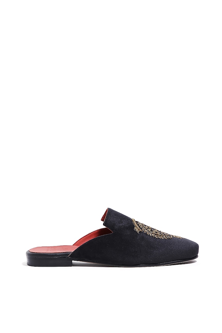 Black Velvet Dabka Embellished Mules by ASUKA at Pernia's Pop Up Shop