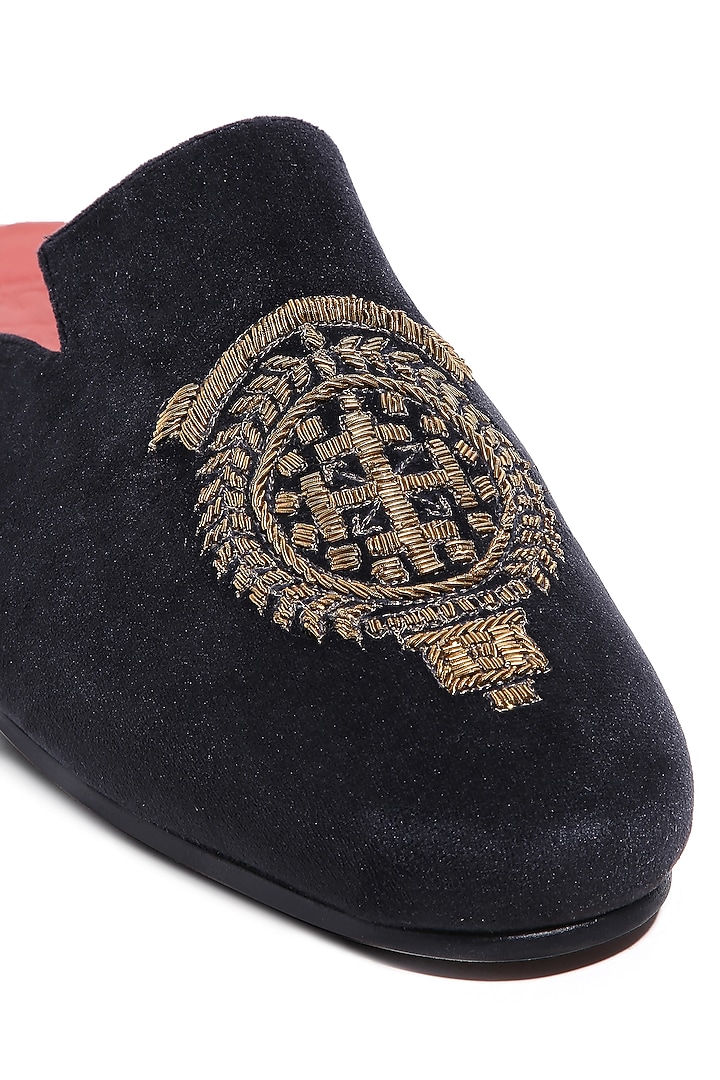 Black Velvet Dabka Embellished Mules by ASUKA at Pernia's Pop Up Shop