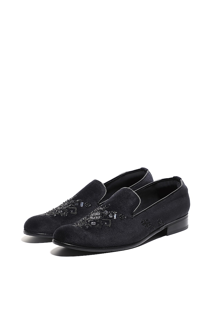 Black Velvet Sequins & Cutdana Hand Embroidered Slip-On Shoes by ASUKA at Pernia's Pop Up Shop