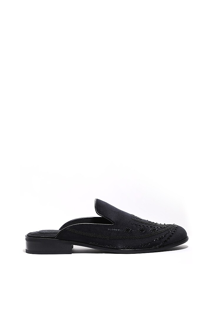Black Velvet Sequins & Cutdana Hand Embroidered Mules by ASUKA at Pernia's Pop Up Shop
