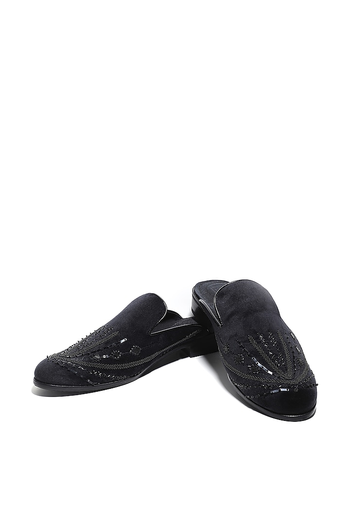 Black Velvet Sequins & Cutdana Hand Embroidered Mules by ASUKA at Pernia's Pop Up Shop