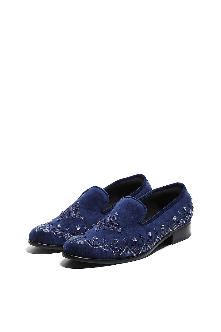 Navy Blue Velvet Hand Embroidered Slip-On Shoes by ASUKA at Pernia's Pop Up Shop