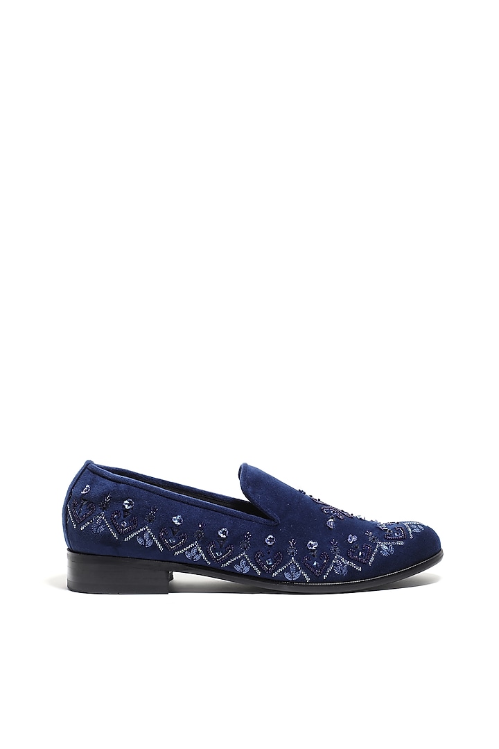 Navy Blue Velvet Hand Embroidered Slip-On Shoes by ASUKA at Pernia's Pop Up Shop