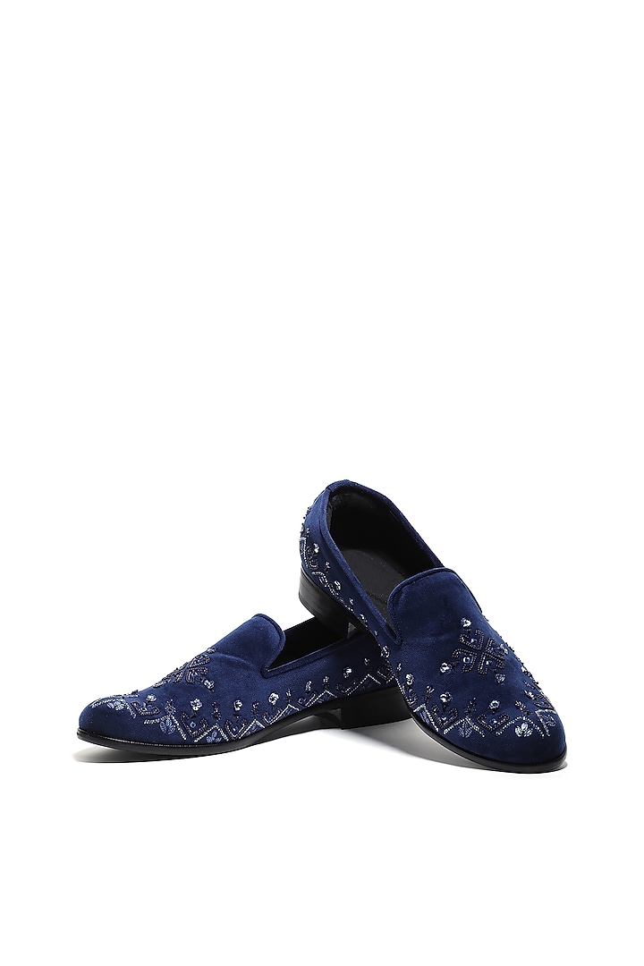 Navy Blue Velvet Hand Embroidered Slip-On Shoes by ASUKA at Pernia's Pop Up Shop
