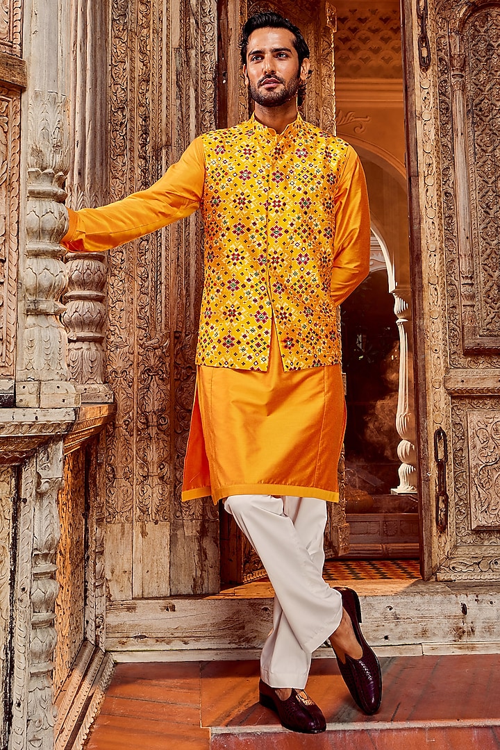 Haldi Yellow Raw Silk Resham Embroidered Bundi Jacket Set by ASUKA