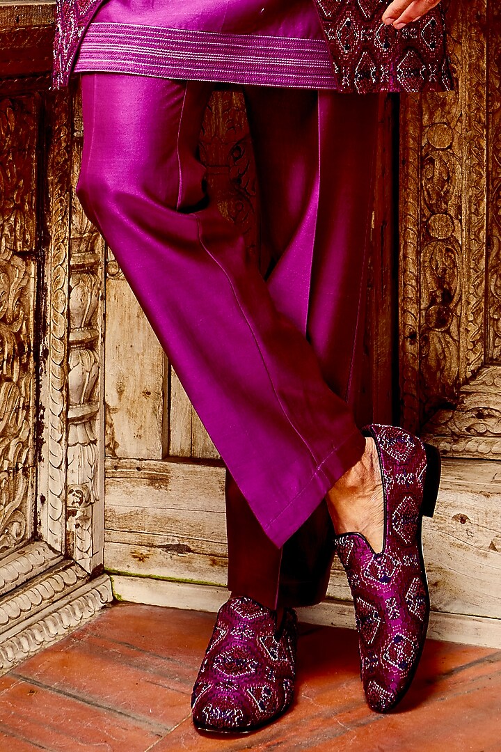 Purple Chanderi Silk Cutdana Hand Embroidered Groom Indowestern Set by ASUKA at Pernia's Pop Up Shop