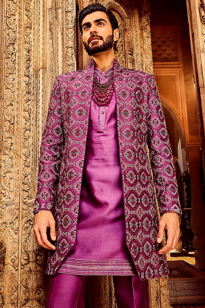 Purple Chanderi Silk Cutdana Hand Embroidered Groom Indowestern Set by ASUKA at Pernia's Pop Up Shop