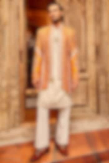 Orange Raw Silk Zari Embroidered Wedding Indowestern Set by ASUKA at Pernia's Pop Up Shop