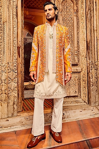 Orange Raw Silk Zari Embroidered Indowestern Set by ASUKA