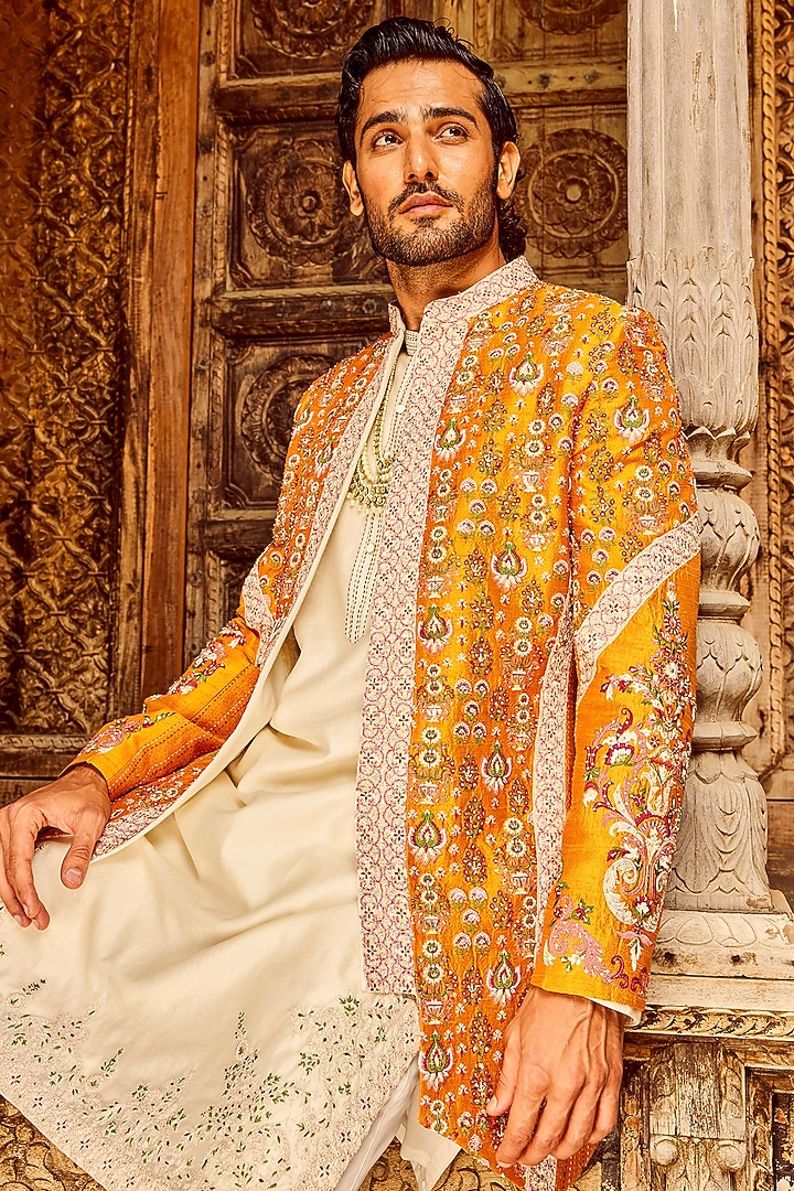 Orange Raw Silk Zari Embroidered Wedding Indowestern Set by ASUKA at Pernia's Pop Up Shop