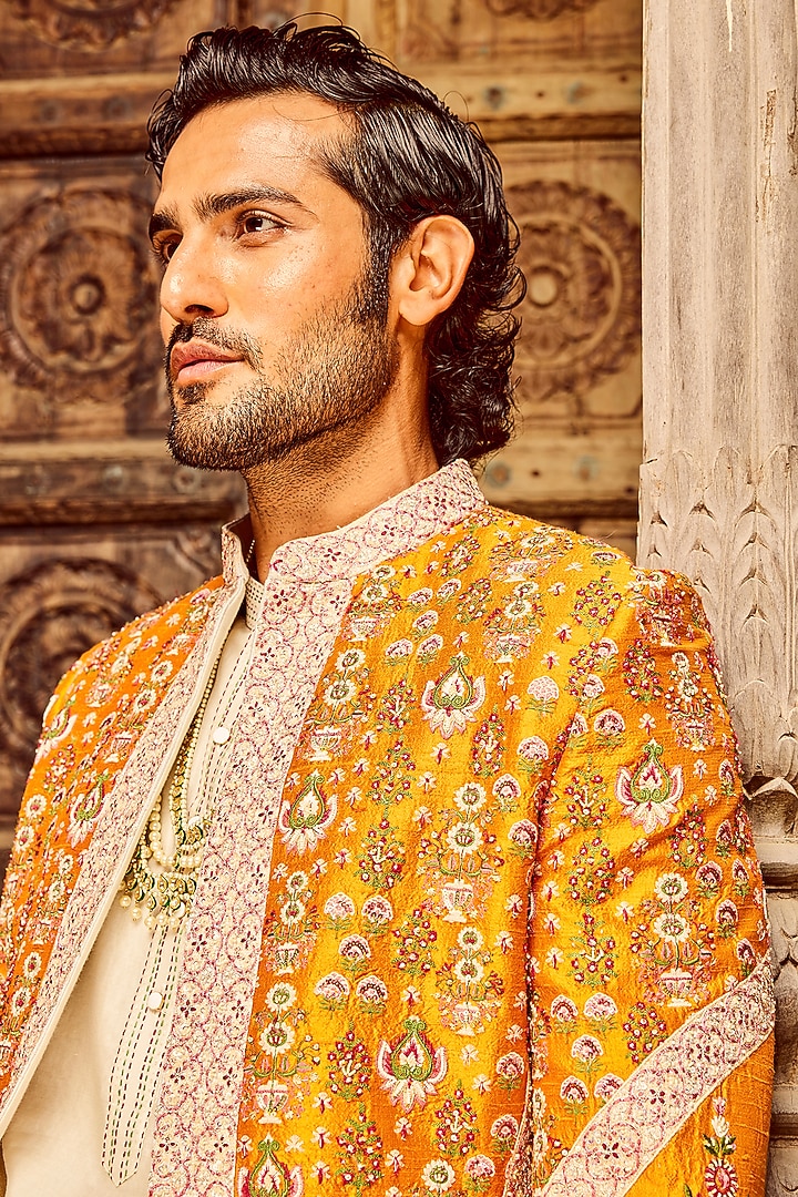 Orange Raw Silk Zari Embroidered Wedding Indowestern Set by ASUKA at Pernia's Pop Up Shop