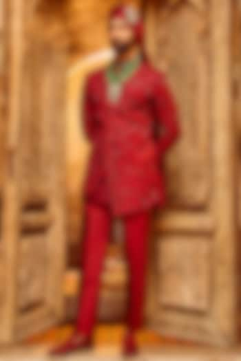 Deep Red Chanderi Silk Moti Work Asymmetric Wedding Sherwani Set by ASUKA at Pernia's Pop Up Shop