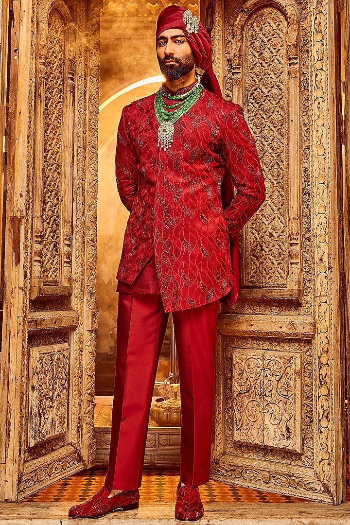 Deep Red Chanderi Silk Moti Work Asymmetric Wedding Sherwani Set by ASUKA at Pernia's Pop Up Shop