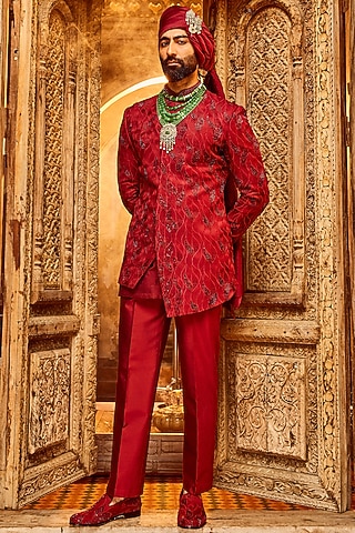 Deep Red Chanderi Silk Moti Work Asymmetric Sherwani Set by ASUKA