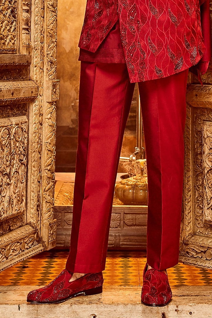 Deep Red Chanderi Silk Moti Work Asymmetric Wedding Sherwani Set by ASUKA at Pernia's Pop Up Shop