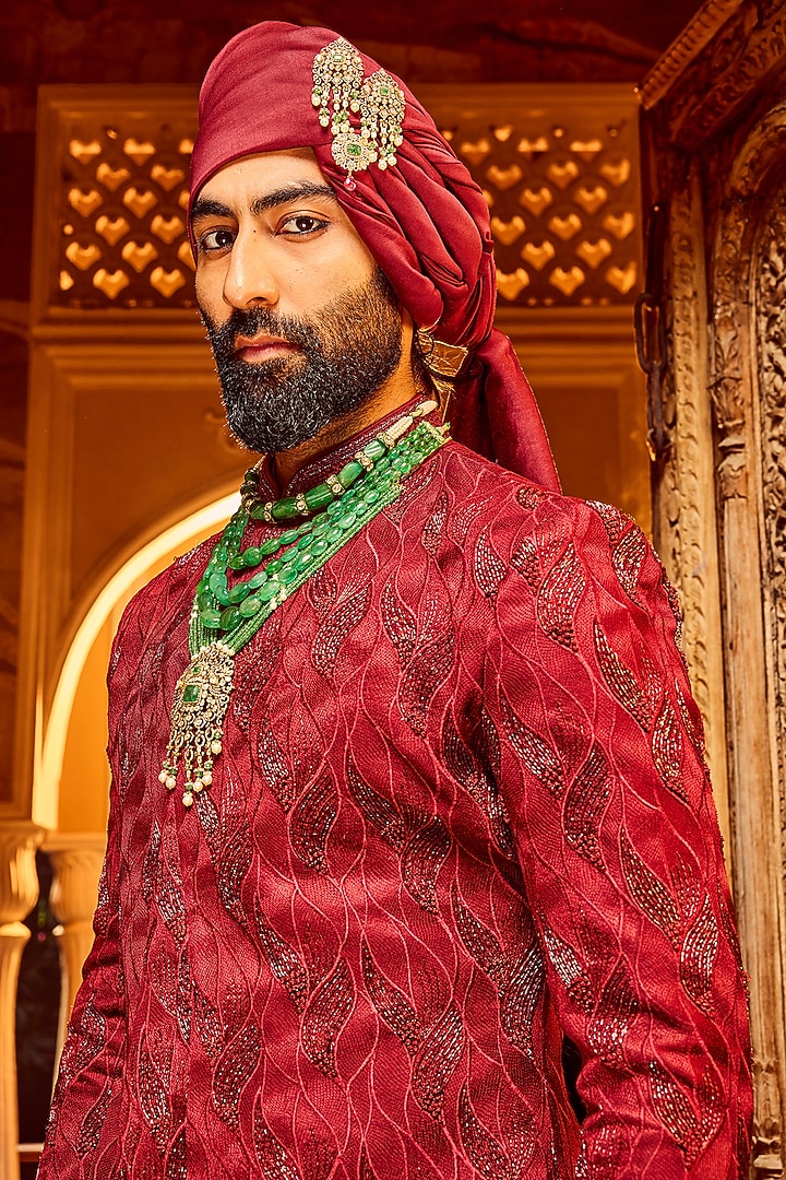 Deep Red Chanderi Silk Moti Work Asymmetric Wedding Sherwani Set by ASUKA at Pernia's Pop Up Shop